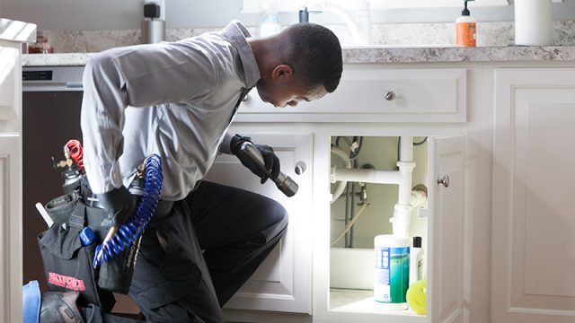 terminix employee looking under the sink
